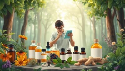 Imagem com rapaz olhandoi para remedios naturais em uma mesa