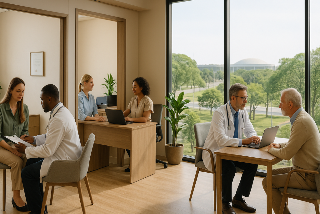 Profissionais da saúde atendendo pacientes em consultórios modernos dentro de coworking com vista para áreas verdes e arquitetura típica de Brasília, recepção com secretária e ambiente iluminado e acolhedor.