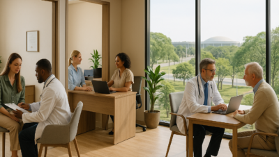 Profissionais da saúde atendendo pacientes em consultórios modernos dentro de coworking com vista para áreas verdes e arquitetura típica de Brasília, recepção com secretária e ambiente iluminado e acolhedor.