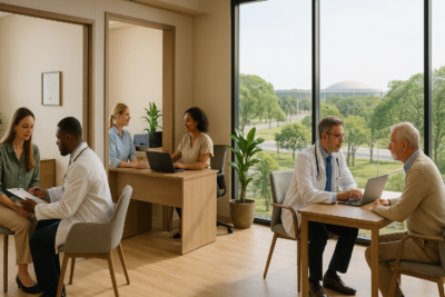 Profissionais da saúde atendendo pacientes em consultórios modernos dentro de coworking com vista para áreas verdes e arquitetura típica de Brasília, recepção com secretária e ambiente iluminado e acolhedor.