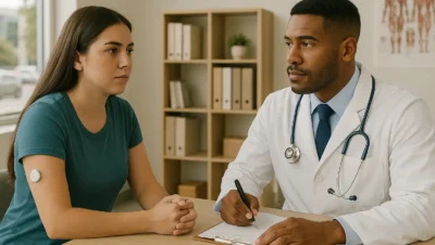 Um médico de jaleco branco e estetoscópio conversa atentamente com uma paciente de cabelos longos, que veste camiseta azul e usa um sensor de glicose no braço. Eles estão em um consultório iluminado por luz natural, com prateleiras de arquivos e plantas ao fundo, transmitindo um ambiente de cuidado e acompanhamento profissional em saúde.