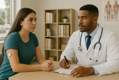Um médico de jaleco branco e estetoscópio conversa atentamente com uma paciente de cabelos longos, que veste camiseta azul e usa um sensor de glicose no braço. Eles estão em um consultório iluminado por luz natural, com prateleiras de arquivos e plantas ao fundo, transmitindo um ambiente de cuidado e acompanhamento profissional em saúde.